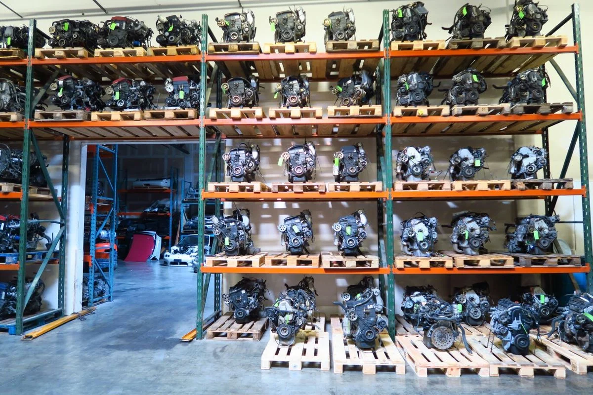 Shelves of used engines and transmissions available through Second Life Auto Parts
